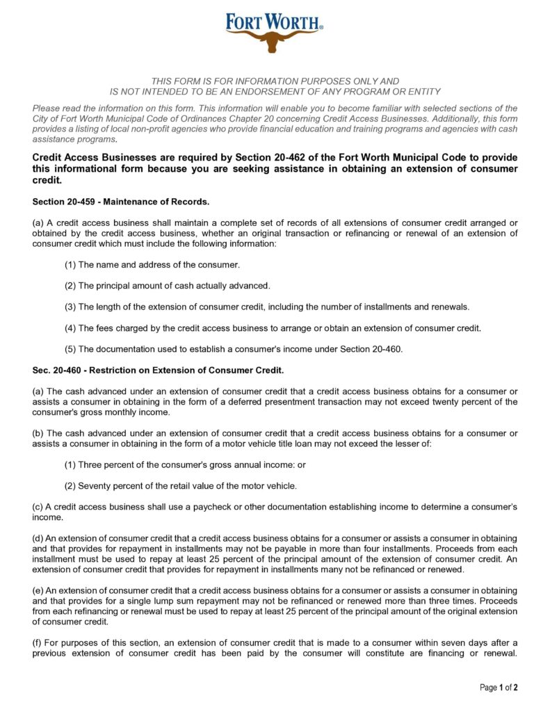 A document with a white background, an image of a document, and the title "Fort Worth City Cab Access Business Ordinance.